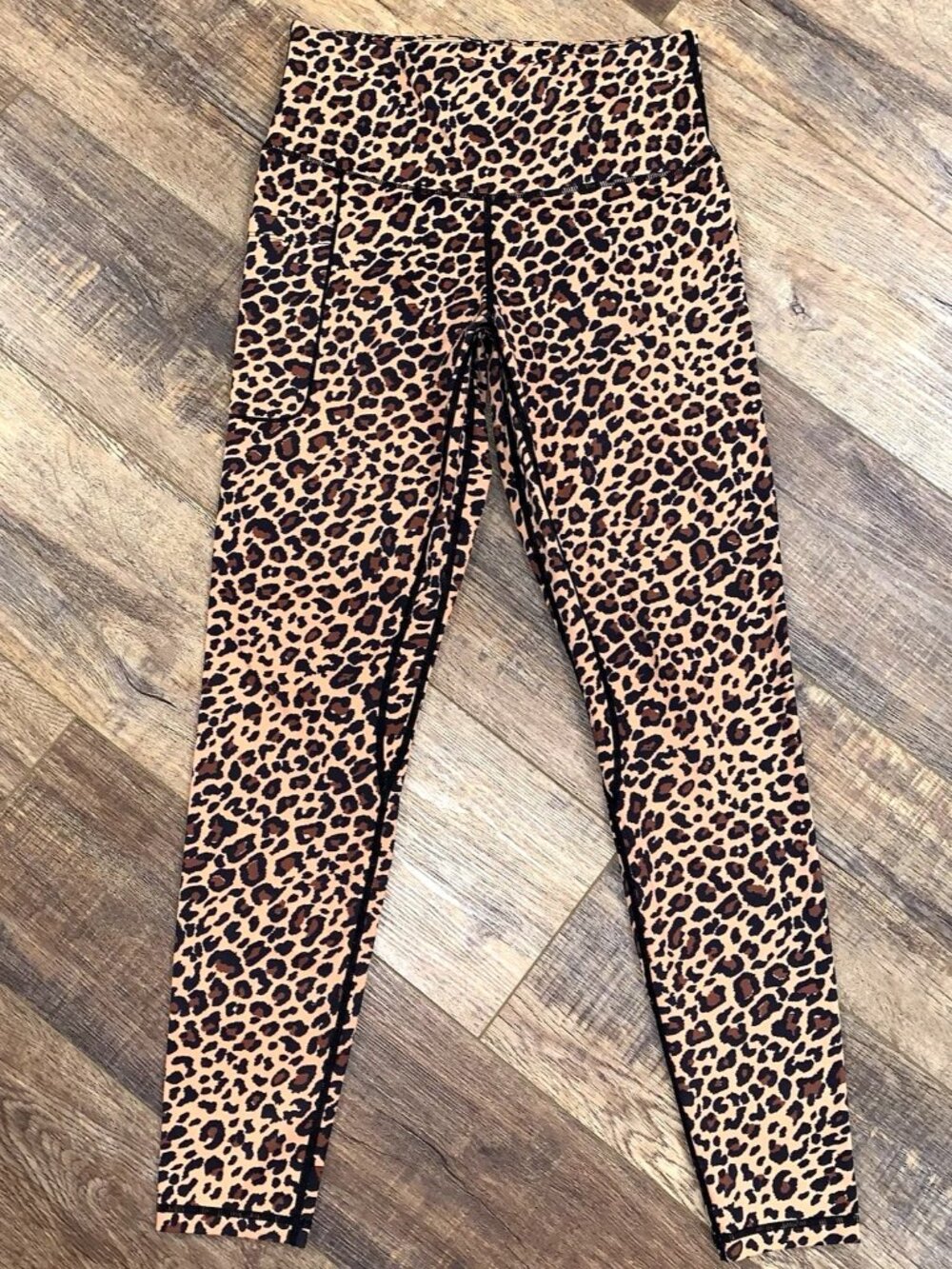 Fety Brown & Black LEOPARD LEGGINGS w/ SIDE POCKET Size M Yoga Gym Walk Workout